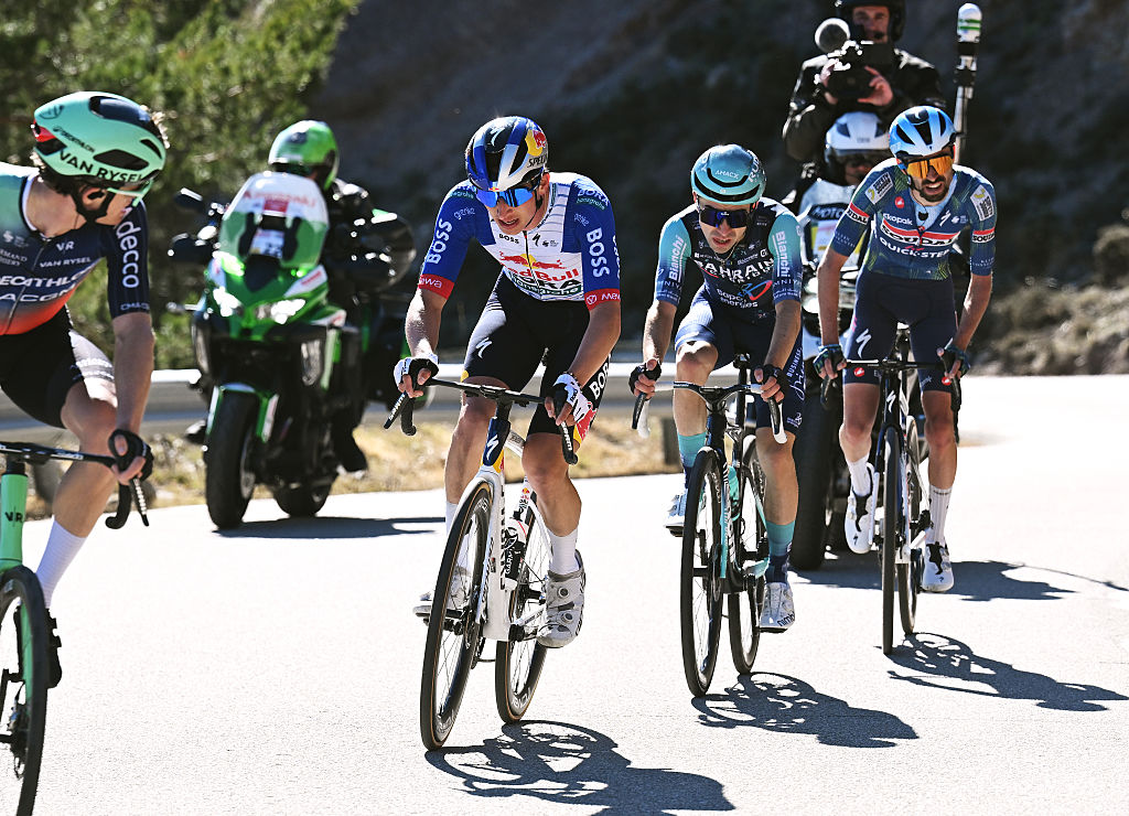 LA MOLINA, SPAIN - MARCH 27: (LR) Florian Lipowitz of Germany and Team Red Bull - BORA - hansgrohe, Lenny Martinez of France and Team Bahrain - Victorious and Valentin Paret-Peintre of France and Team Soudal Quick-Step compete during the 105th Stage 20526m1 from La Seu d'Urgell to La Molina/Coll de Pal 2109m / #UCIWT / on March 27, 2026 in La Molina, Spain. (Photo by Szymon Gruchalski/Getty Images)