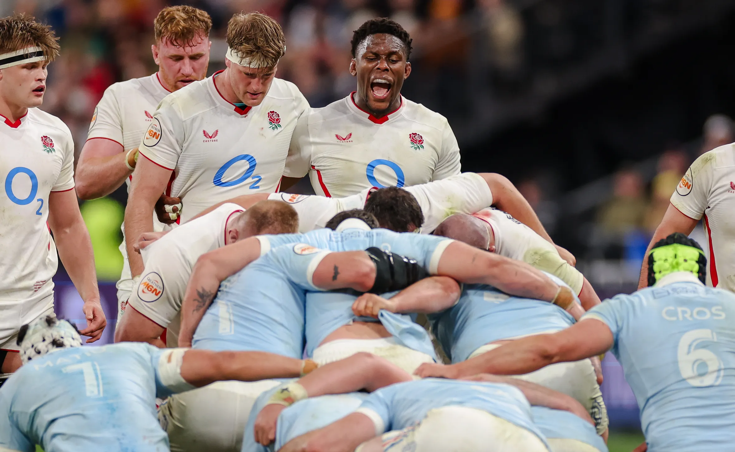 England's Maro Itoje shouts from the scrum during the Six Nations 2026 France v England match.