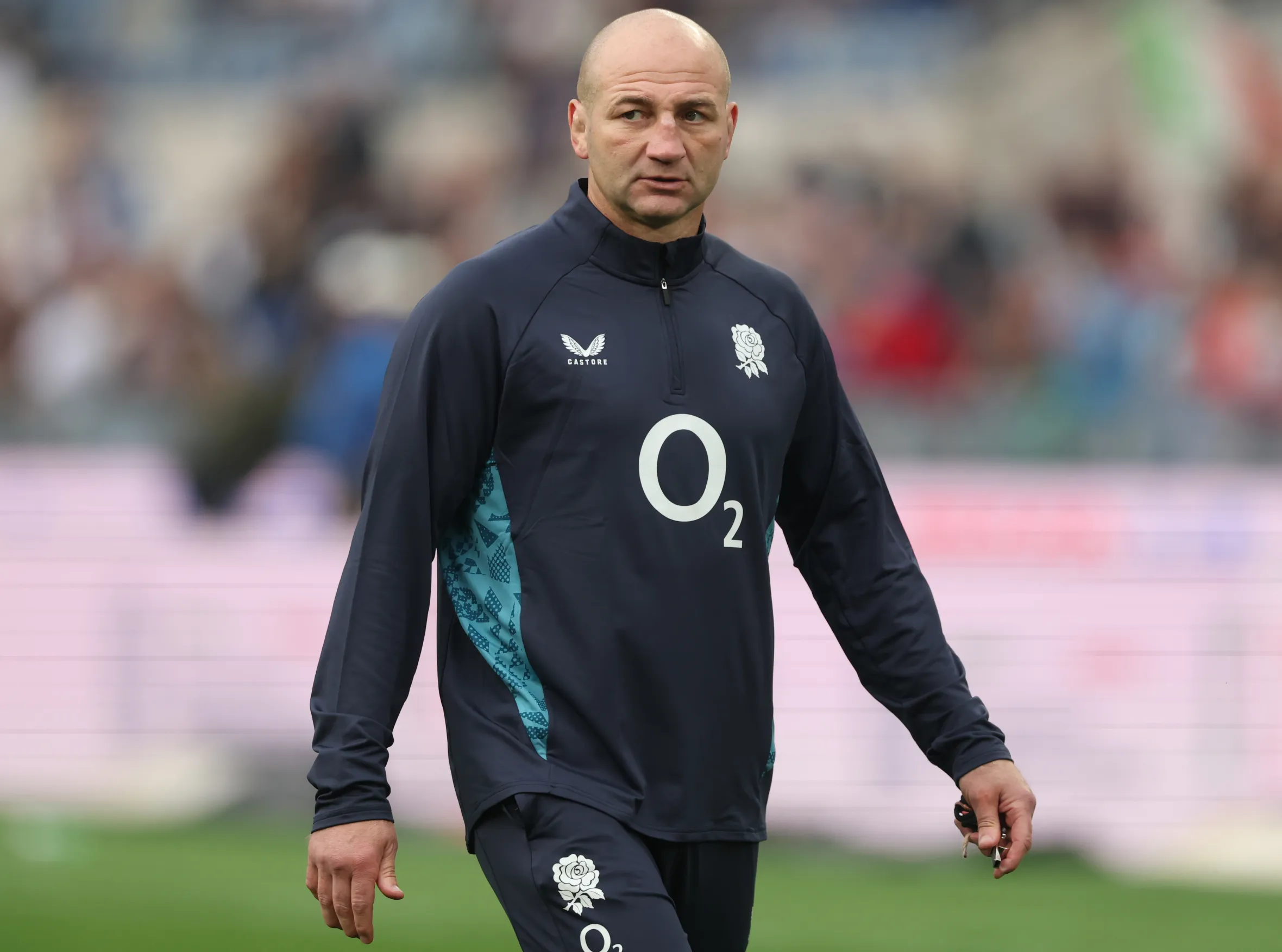 England rugby head coach Steve Borthwick on the field during warmups.