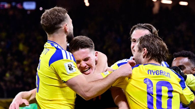 Sweden's Viktor Gyokeres celebrates after his goal to seal Sweden's place at the World Cup