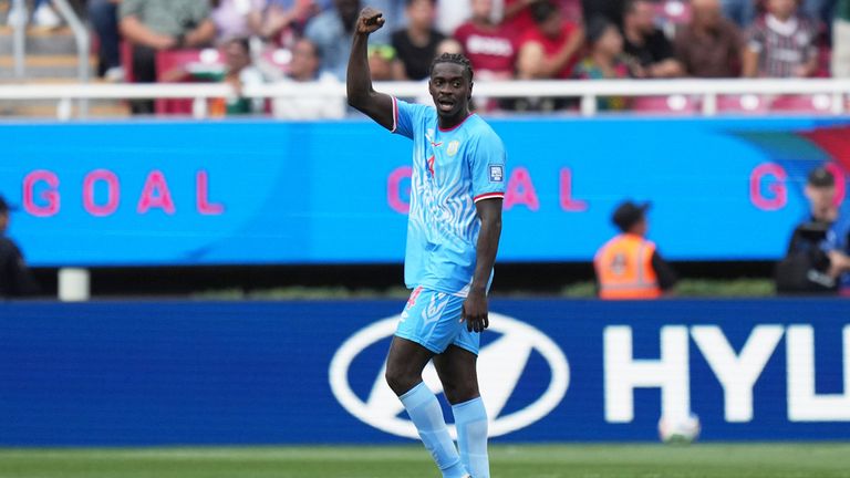 DR Congo's Axel Tuanzebe celebrates after scoring his team's winner against Jamaica