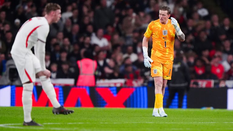 England goalkeeper Jordan Pickford after conceding the opening goal during an international friendly match at Wembley Stadium, London.