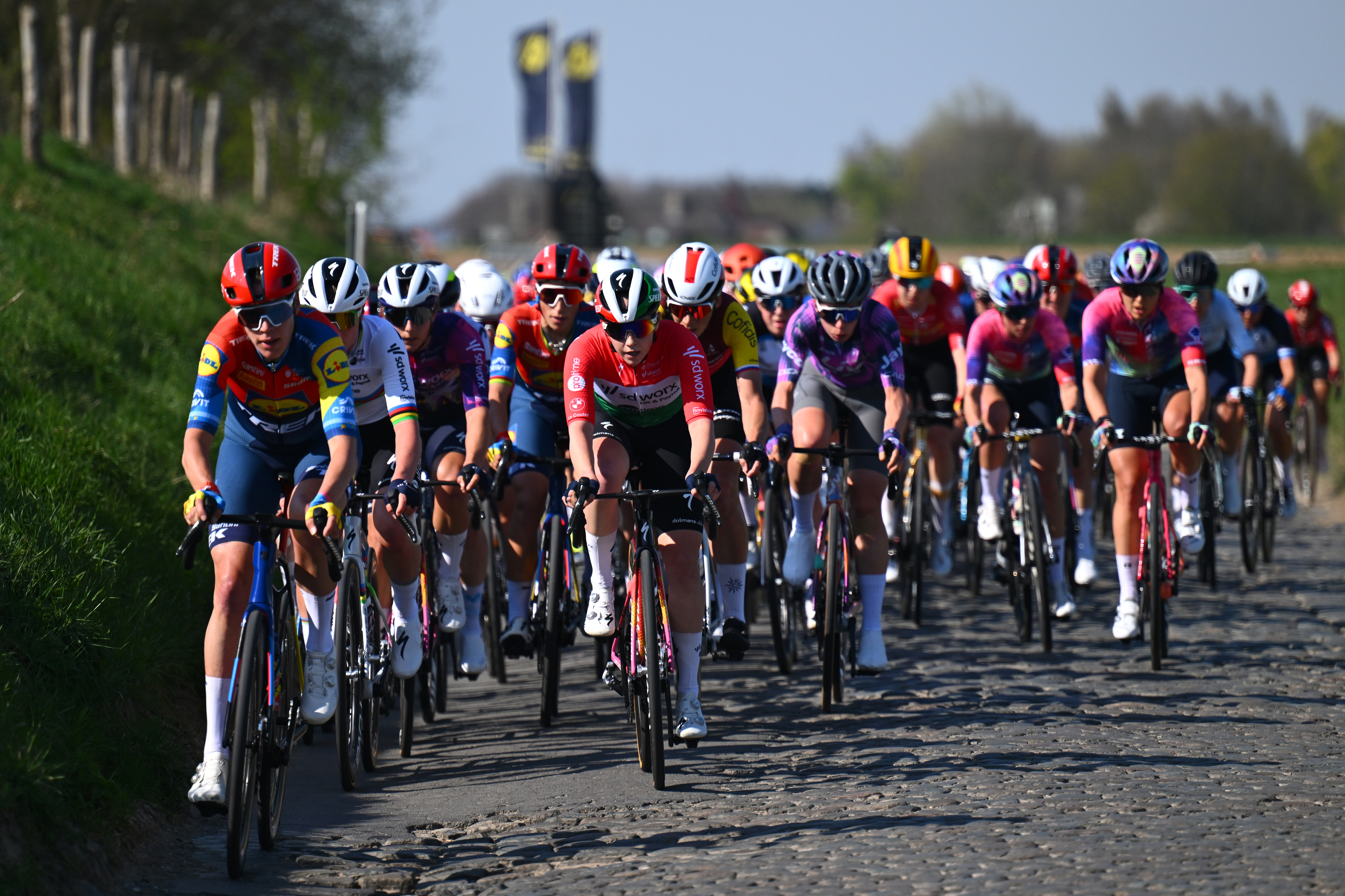 WAREGEM, BELGIUM - APRIL 02: (LR) Ellen Van Dijk of the Netherlands and Team Lidl - Trek and Blanka Vas of Hungary and Team SD Worx - Protime lead the peloton during the 13 Dwars door Vlaanderen 2025 - Women' #UCIWWT / on April 02, 2025 in Waregem, Belgium. (Photo by Luc Claessen/Getty Images)