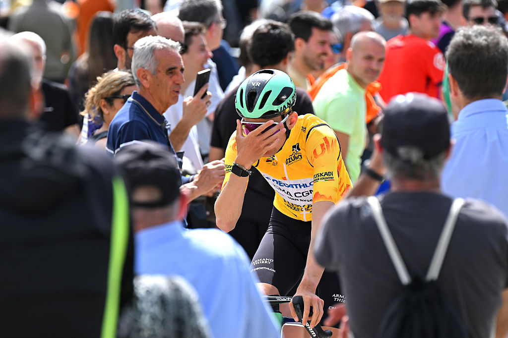 PAMPLONA-IRUNA, SPAIN - APRIL 07: Paul Seixas from France and Team Decathlon CMA CGM - Yellow Leader Jersey before the 65th Itzulia Basque Country 2026, Stage 2 a 164.1km from Pamplona-Iruna to Lekunberri 757m / in April 2006 Pamplona-Iruna, Spain. (Photo by Tim de Waele/Getty Images)