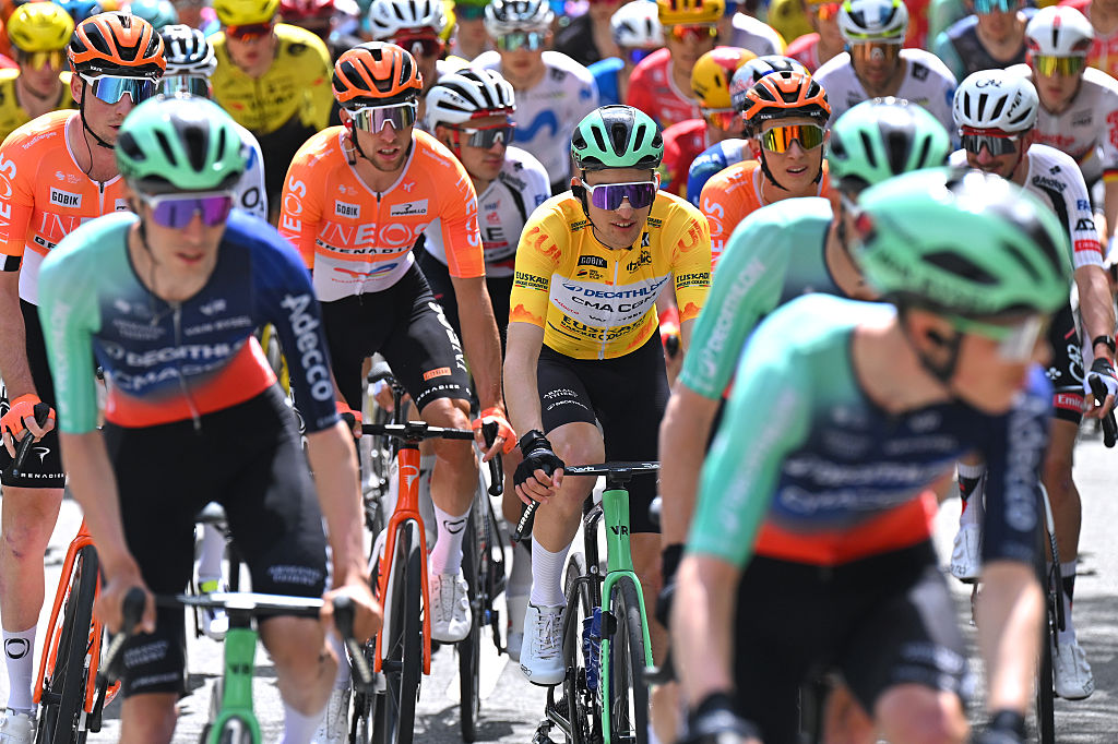 LEKUNBERRI, SPAIN - APRIL 07: Paul Seixas from France and Team Decathlon CMA CGM - Yellow Leader Jersey competes during the 65th Itzulia Basque Country 2026, Stage 2 a 164.1km from Pamplona-Iruna to Lekunberri 757m / #UCIberri 2067, Spain. (Photo by Tim de Waele/Getty Images)