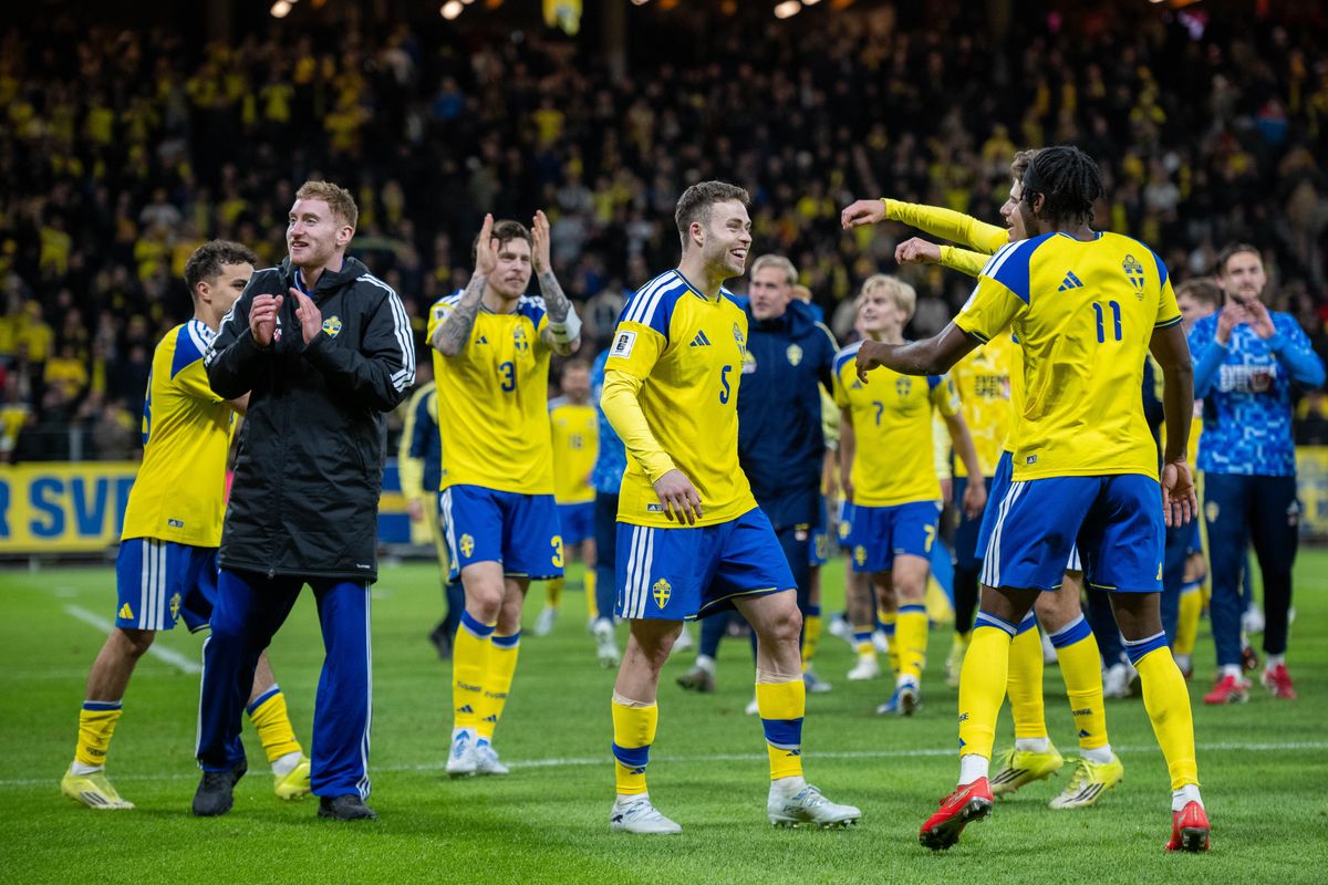 Gabriel Gudmundsson celebrates Sweden's World Cup qualification