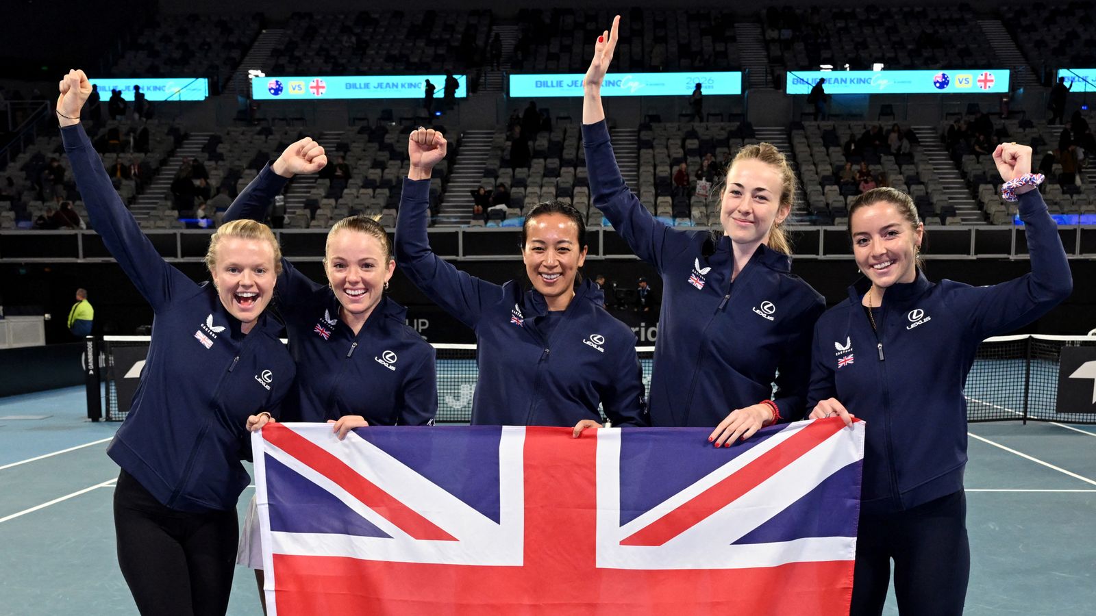 (L-R) Britain's Harriet Dart, Katie Swan, team captain Anne Keothavong, Mika Stojsavljevic and Jodie Burrage celebrate after winning the Bil