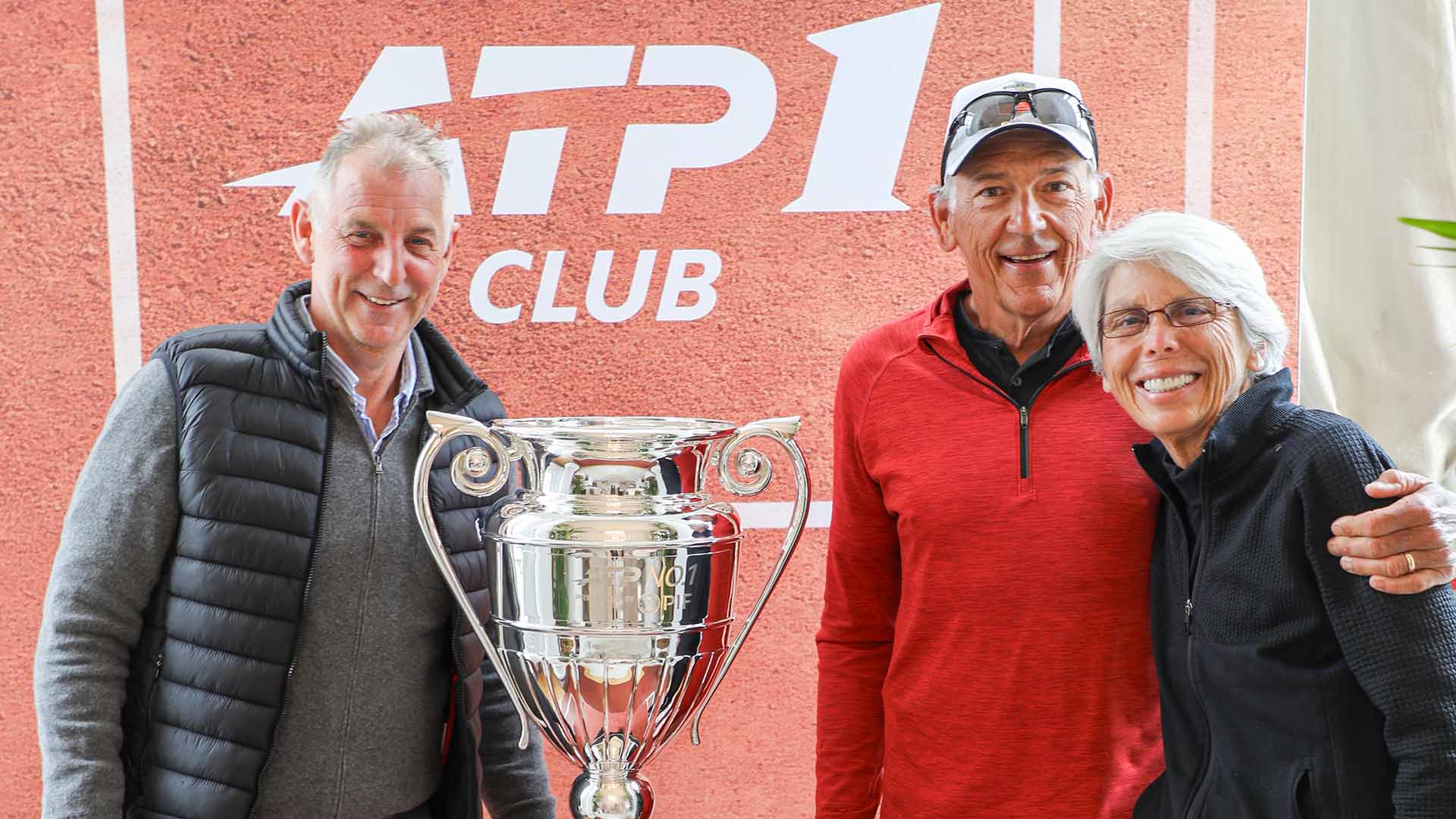 Thomas Muster with Ray Sahag and Walker Sahag along with ATP Year End No. 1 produced by the PIF trophy.