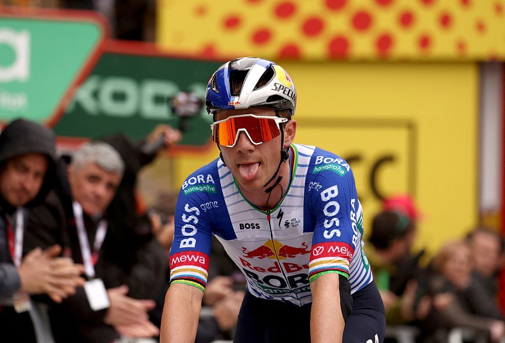 Team Bora's Belgian rider Remco Evenepoel crosses the finish line of the sixth stage of the 2026 'Volta a Catalunya' cycling tour of Catalonia, a 158 km race between Berga and the Sanctuary of La Mare de Deu de Queralt in Berga, on March 28, 2026. (Photo by Josep LAGO / AFP)
