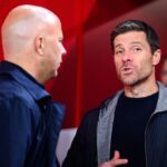 LIVERPOOL, ENGLAND - NOVEMBER 5: (LR) Arne Slot of Liverpool and coach Xabi Alonso of Leverkusen after the UEFA Champions League 2024/25 League Phase MD4 match between Liverpool FC and Bayer 04 Leverkusen at Anfield on November 5, 2024 in Liverpool, United Kingdom. (Photo by Jörg Schüler/Bayer 04 Leverkusen via Getty Images)