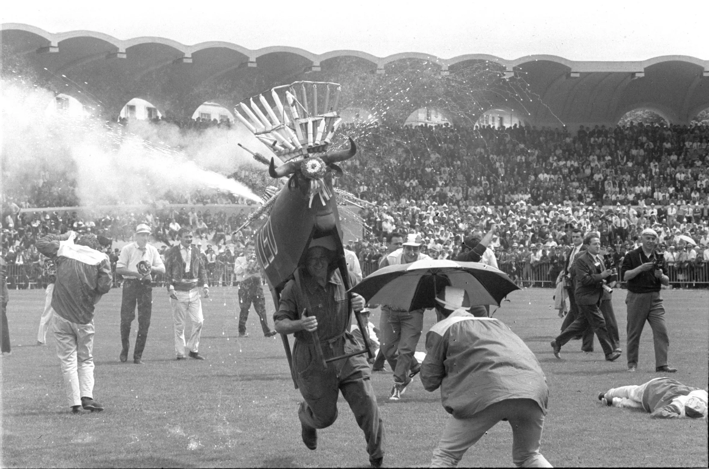 Supporters on the pitch before the 1963 French Champions League match.