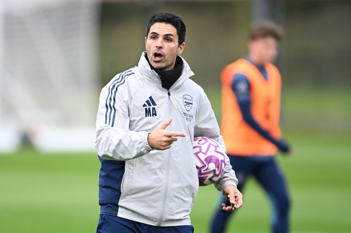 Arsenal manager Mikel Arteta during a training session at the Sobha Realty Training Center on October 31, 2025 in London Colney, England.